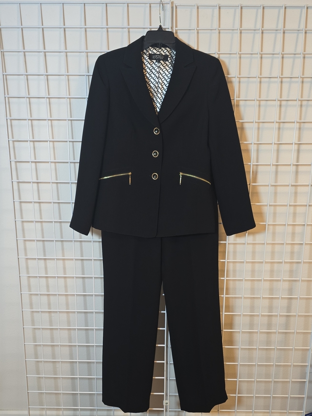 Kasper Black Women's Blazer & Pants Suit with Gold Accents Size 8